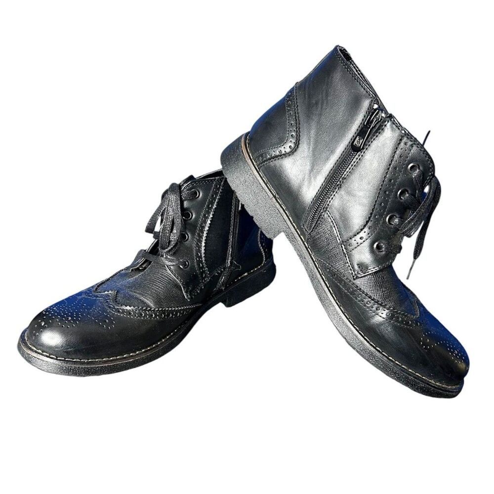 Shenbo Mens Black Leather Wingtip Brogue Ankle Boots Sz 11.5 Oxford Classic
